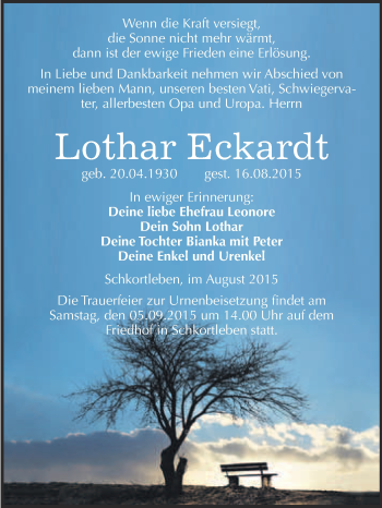 Traueranzeige von Lothar Eckardt von WVG - Wochenspiegel NMB / WSF / ZTZ