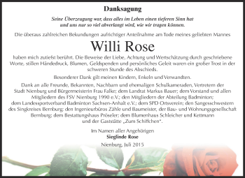Traueranzeige von Willi Rose von Super Sonntag Bernburg