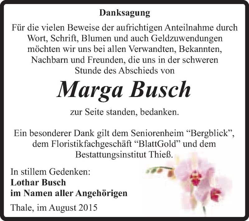  Traueranzeige für Marga Busch vom 29.08.2015 aus Super Sonntag Quedlinburg