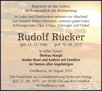 Traueranzeige von Rudolf Rücker von WVG - Wochenspiegel Merseburg