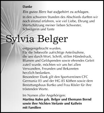 Traueranzeige von Sylvia Belger von Mitteldeutsche Zeitung Köthen