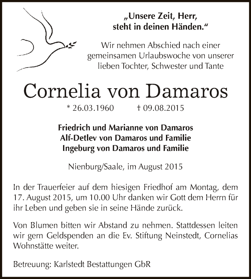  Traueranzeige für Cornelia von Damaros vom 15.08.2015 aus Super Sonntag Bernburg