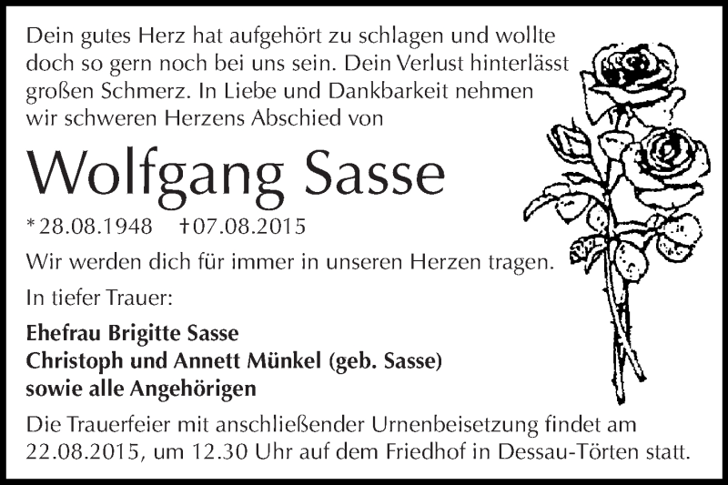  Traueranzeige für Wolfgang Sasse vom 15.08.2015 aus Super Sonntag Dessau / Köthen