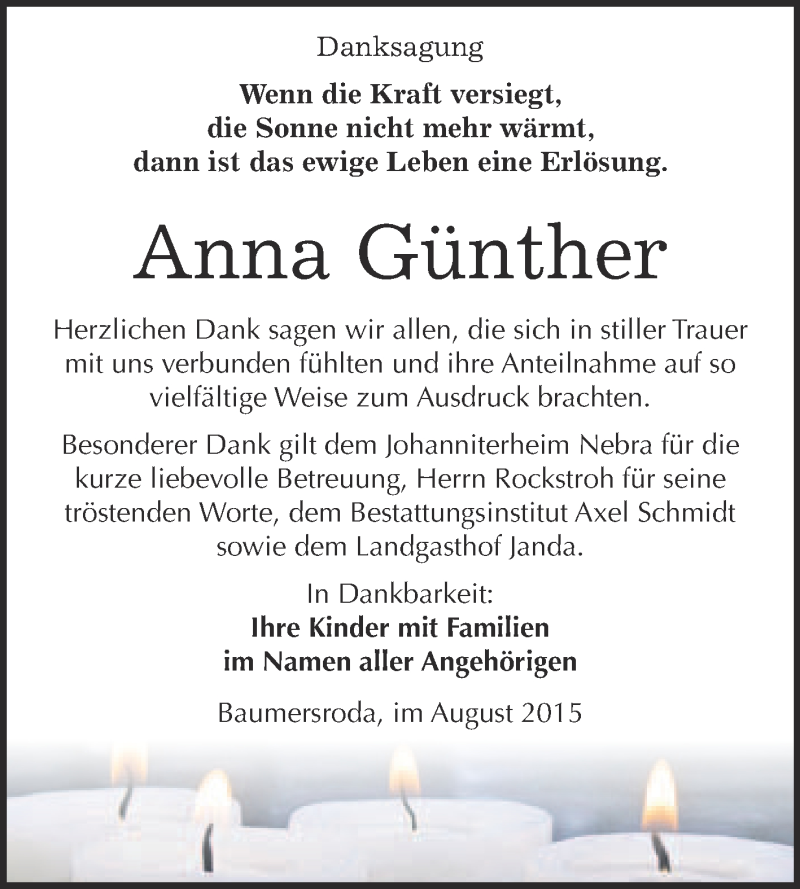  Traueranzeige für Anna Günther vom 26.08.2015 aus WVG - Wochenspiegel NMB / WSF / ZTZ