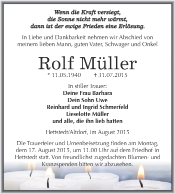 Traueranzeige von Rolf Müller von Wochenspiegel Mansfelder Land