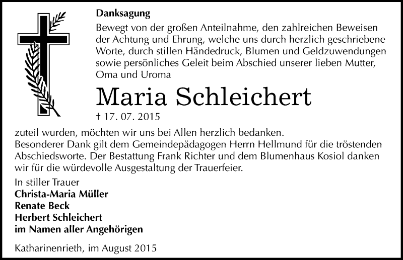  Traueranzeige für Maria Schleichert vom 08.08.2015 aus Mitteldeutsche Zeitung Sangerhausen