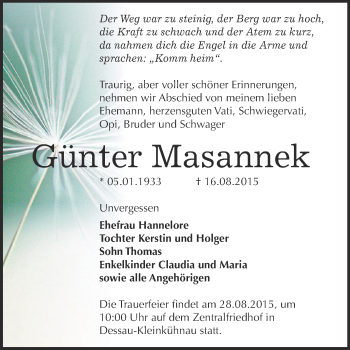 Traueranzeige von Günter Masannek von WVG - Wochenspiegel Dessau / Köthen