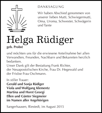 Traueranzeige von Helga Rüdiger von Super Sonntag SGH Mansf. Land