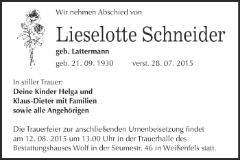 Traueranzeige von Lieselotte Schneider von WVG - Wochenspiegel NMB / WSF / ZTZ