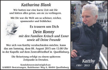 Traueranzeige von Katharina Blank von WVG - Wochenspiegel Quedlinburg