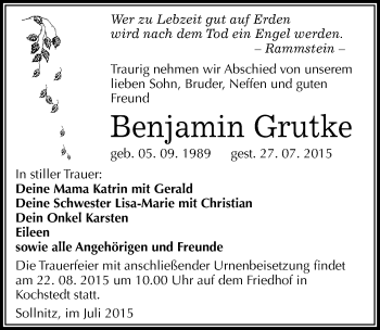 Traueranzeige von Benjamin Grutke von Mitteldeutsche Zeitung Dessau-Roßlau