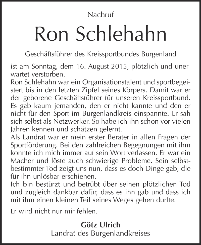  Traueranzeige für Ron Schlehahn vom 26.08.2015 aus WVG - Wochenspiegel NMB / WSF / ZTZ