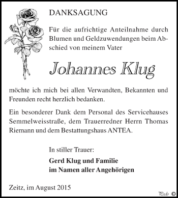 Traueranzeige von Johannes Klug von Super Sonntag Zeitz