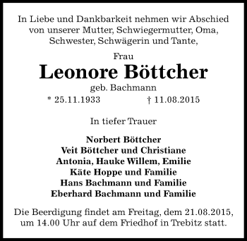 Traueranzeige von Leonore Böttcher von Mitteldeutsche Zeitung Bernburg