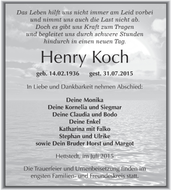 Traueranzeige von Henry Koch von Wochenspiegel Mansfelder Land