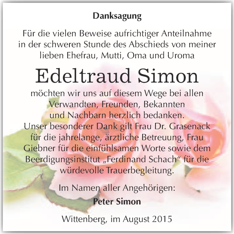  Traueranzeige für Edeltraud Simon vom 29.08.2015 aus WVG - Wochenspiegel Wittenberg