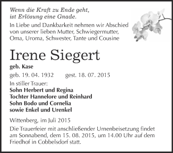 Traueranzeige von Irene Siegert von WVG - Wochenspiegel Wittenberg