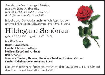 Traueranzeige von Hildegard Schönau von Mitteldeutsche Zeitung Dessau-Roßlau