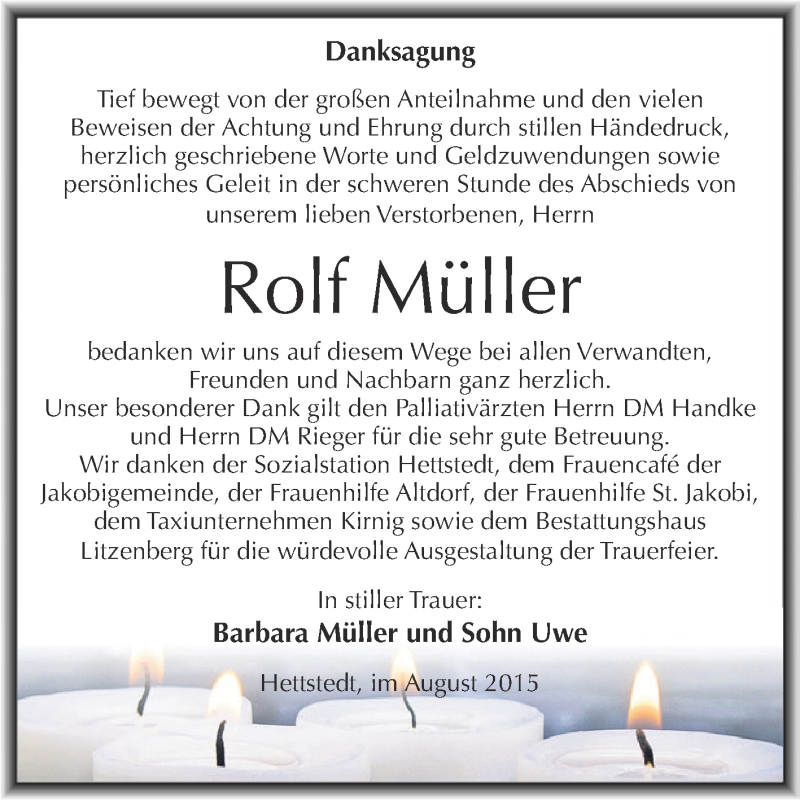  Traueranzeige für Rolf Müller vom 26.08.2015 aus Wochenspiegel Mansfelder Land