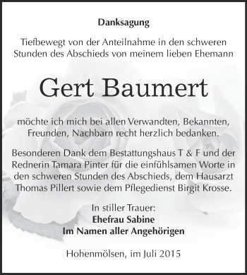 Traueranzeige von Gert Baumert von WVG - Wochenspiegel NMB / WSF / ZTZ