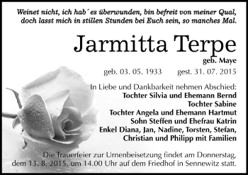 Traueranzeige von Jarmitta Terpe von Mitteldeutsche Zeitung