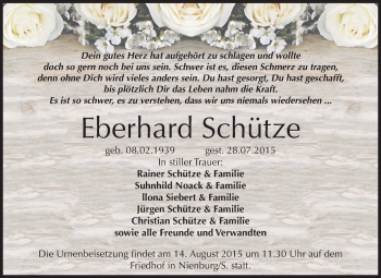 Traueranzeige von Eberhard Schütze von Super Sonntag Bernburg