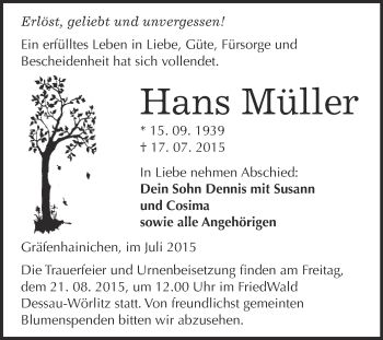 Traueranzeige von Hans Müller von WVG - Wochenspiegel Wittenberg