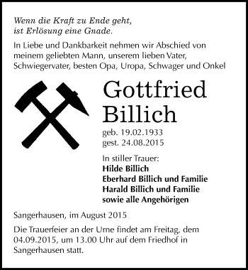 Traueranzeige von Gottfried Billich von Mitteldeutsche Zeitung Sangerhausen