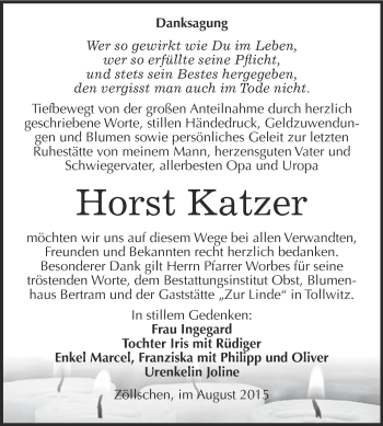 Traueranzeige von Horst Katzer von Super Sonntag Merseburg
