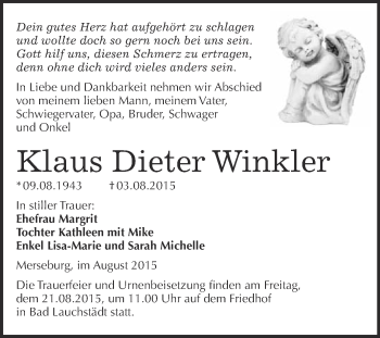 Traueranzeige von Klaus Dieter Winkler von WVG - Wochenspiegel Merseburg