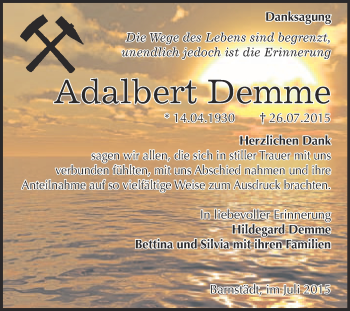Traueranzeige von Adalbert Demme von WVG - Wochenspiegel Merseburg