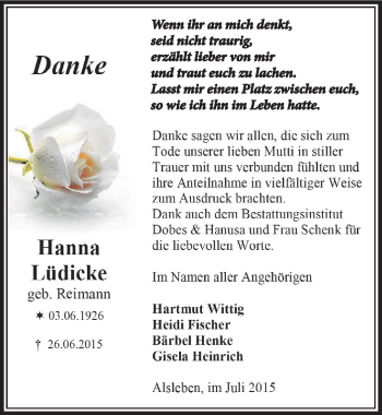 Traueranzeige von Hanna Lüdicke von Mitteldeutsche Zeitung Bernburg