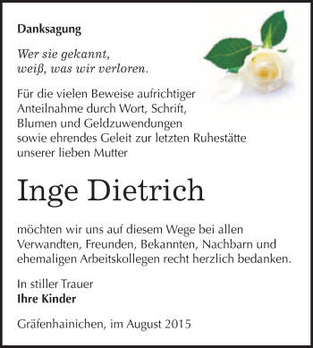 Traueranzeige von Inge Dietrich von WVG - Wochenspiegel Wittenberg