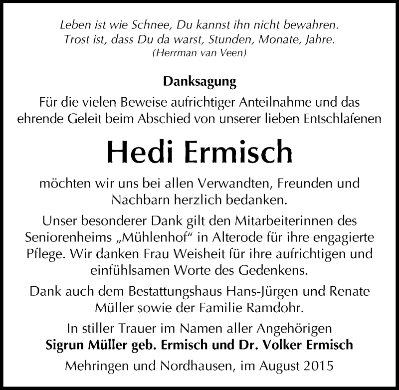  Traueranzeige für Hedi Ermisch vom 29.08.2015 aus Mitteldeutsche Zeitung Aschersleben