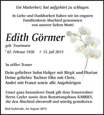 Traueranzeige von Edith Görmer von WVG - Wochenspiegel Quedlinburg