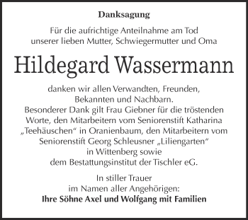Traueranzeige von Hildegard Wassermann von WVG - Wochenspiegel Wittenberg