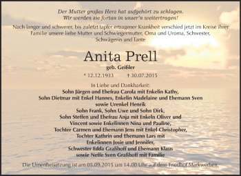 Traueranzeige von Anita Prell von WVG - Wochenspiegel NMB / WSF / ZTZ
