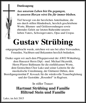 Traueranzeige von Gustav Strübing von Mitteldeutsche Zeitung Dessau-Roßlau