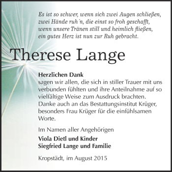 Traueranzeige von Therese Lange von WVG - Wochenspiegel Wittenberg