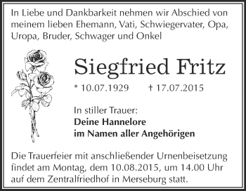 Traueranzeige von Siegfried Fritz von WVG - Wochenspiegel Merseburg