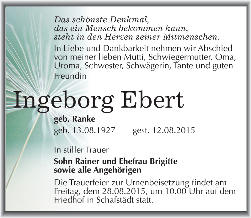  Traueranzeige für Ingeborg Ebert vom 22.08.2015 aus Mitteldeutsche Zeitung Merseburg/Querfurt