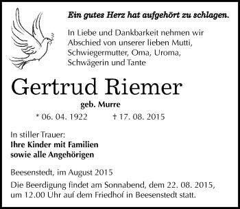 Traueranzeige von Gertrud Riemer von Mitteldeutsche Zeitung Halle/Saalkreis