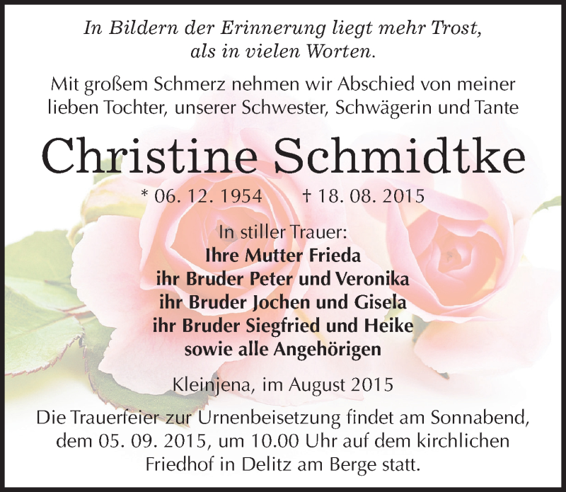  Traueranzeige für Christine Schmidtke vom 21.08.2015 aus Mitteldeutsche Zeitung Naumburg/Nebra