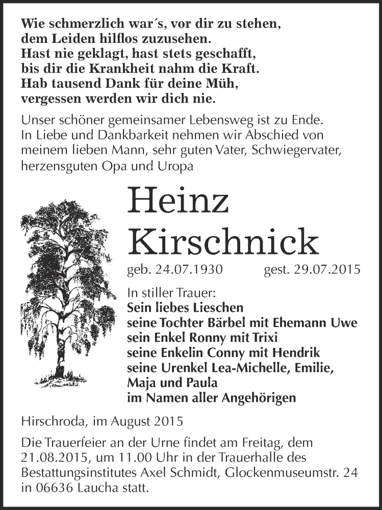  Traueranzeige für Heinz Kirschnick vom 12.08.2015 aus WVG - Wochenspiegel NMB / WSF / ZTZ