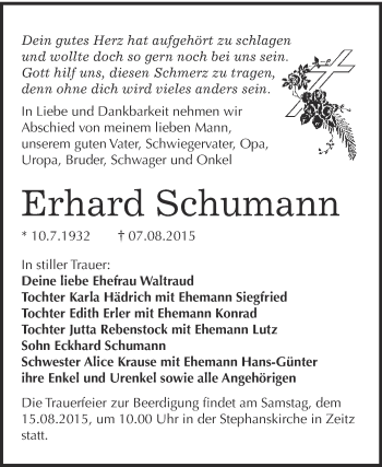 Traueranzeige von Erhard Schumann von WVG - Wochenspiegel NMB / WSF / ZTZ