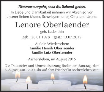 Traueranzeige von Lenore Oberlaender von Super Sonntag Aschersleben