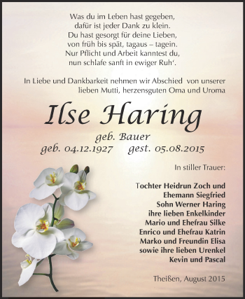 Traueranzeige von Ilse Haring von Super Sonntag Zeitz