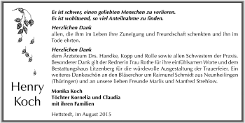 Traueranzeige von Henry Koch von Mitteldeutsche Zeitung Mansfelder Land