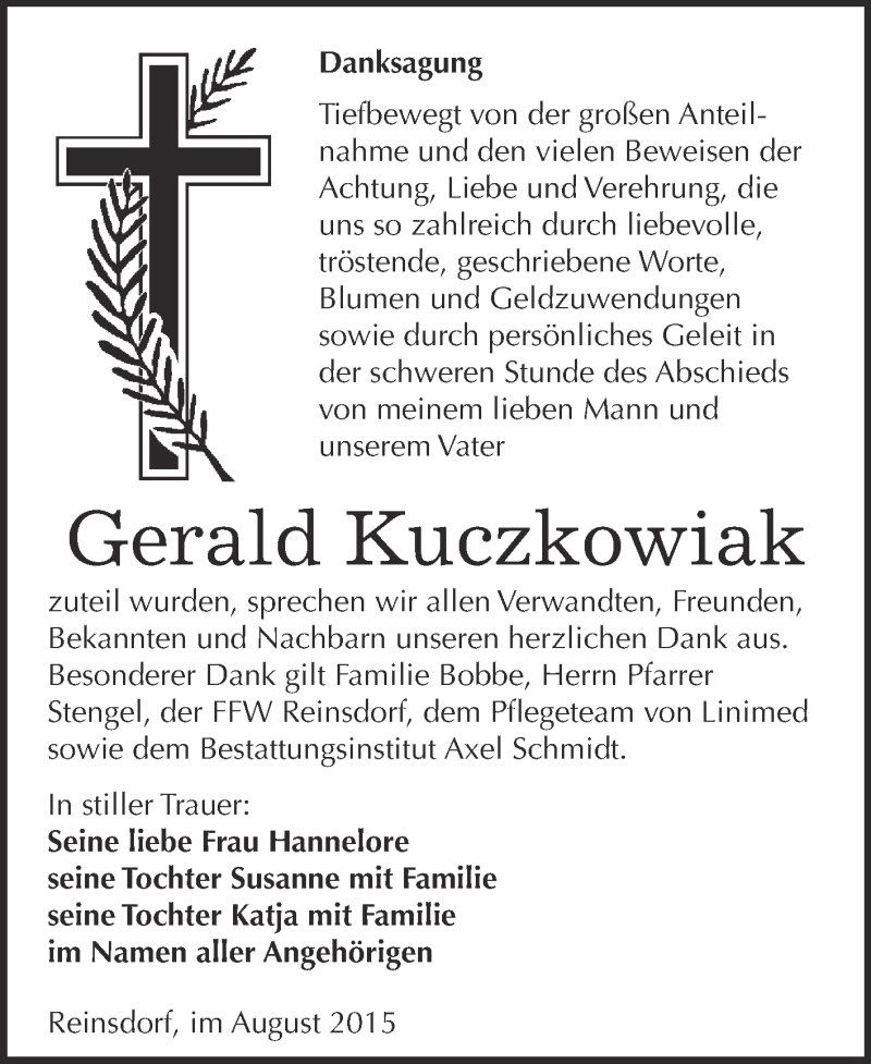  Traueranzeige für Gerald Kuczkowiak vom 05.08.2015 aus WVG - Wochenspiegel NMB / WSF / ZTZ