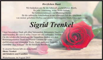Traueranzeige von Sigrid Trenkel von Super Sonntag Quedlinburg